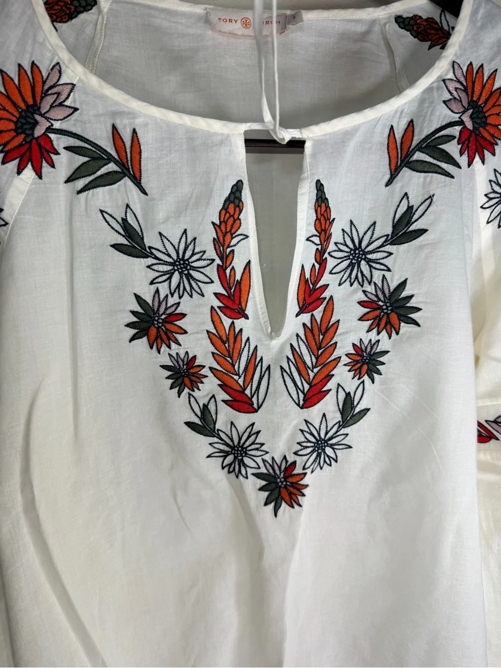 Tory Burch White Tunic Blouse with Red & Black Floral Embroidery